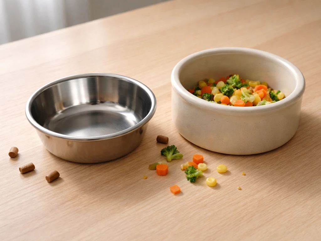 Clean stainless steel bird food bowl beside a ceramic crock on a wooden table, with simple food.
