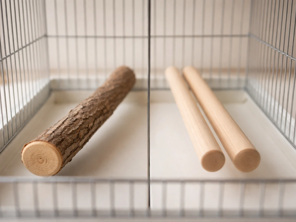 Close-up of a small bird cage with a thick natural wood perch and a separate set of smooth dowel perches