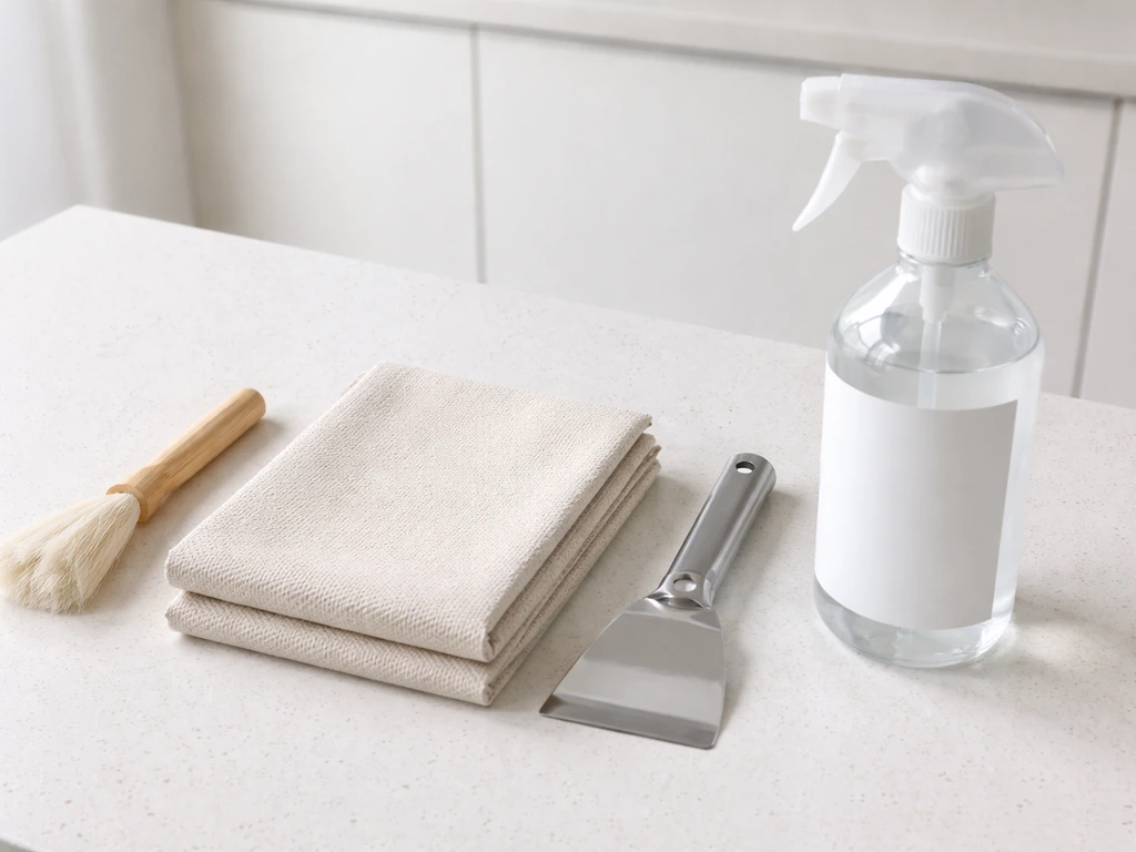 Bird-safe cleaning brush, cage liner, scraper, and disinfectant spray arranged on a clean countertop.