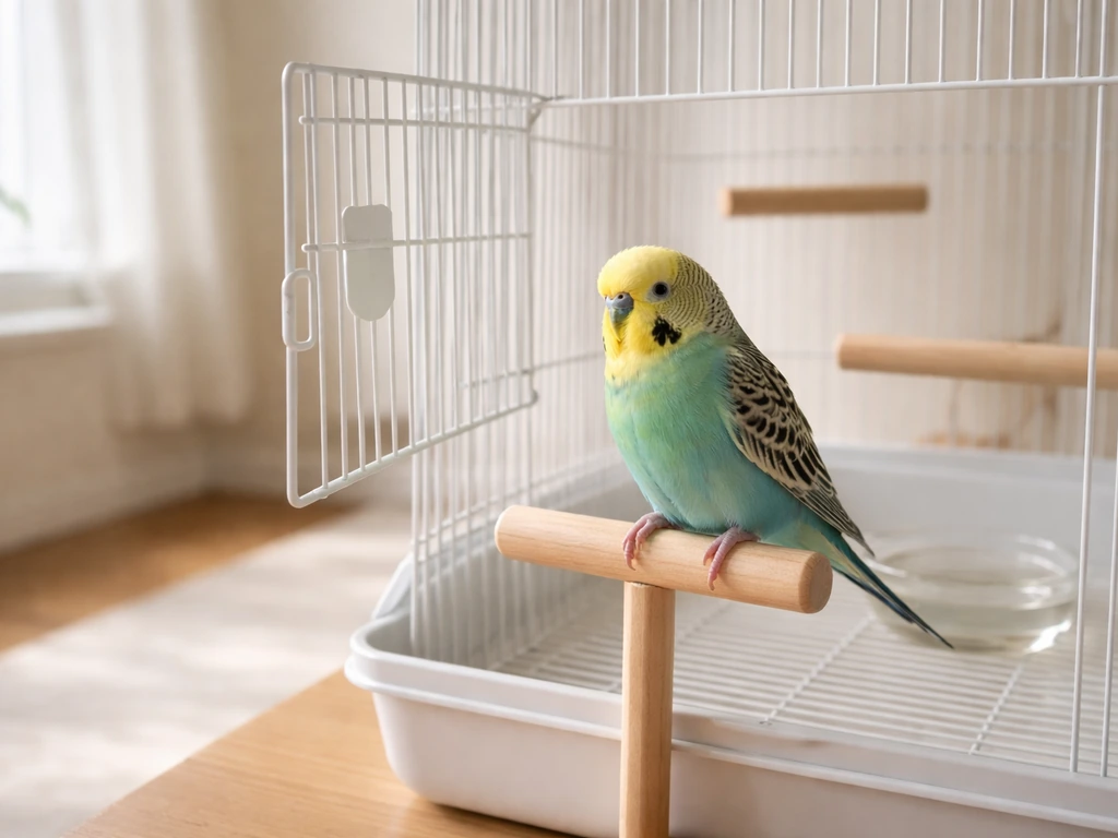 A small budgie perched on a clean stand beside an open bird cage in a bright, tidy room