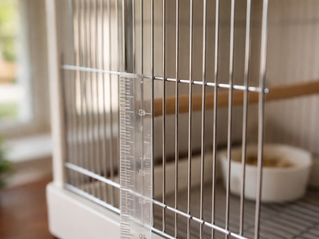 Close-up of a small bird cage with evenly spaced bars and a measuring tape to show bar spacing.