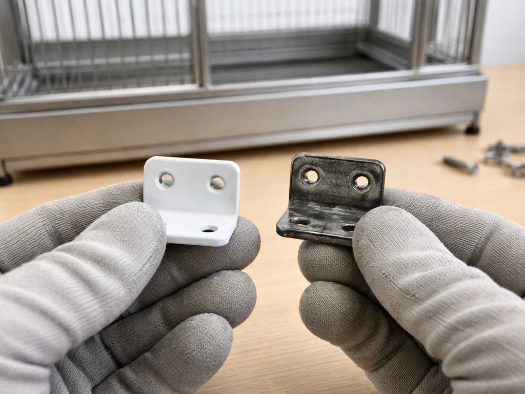 Close-up of gloved hands comparing a powder-coated bracket and a darker corroded metal piece beside a stainless cage.