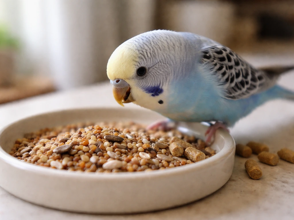 Small pet bird eating measured seeds and pellets from a dish on a kitchen counter.