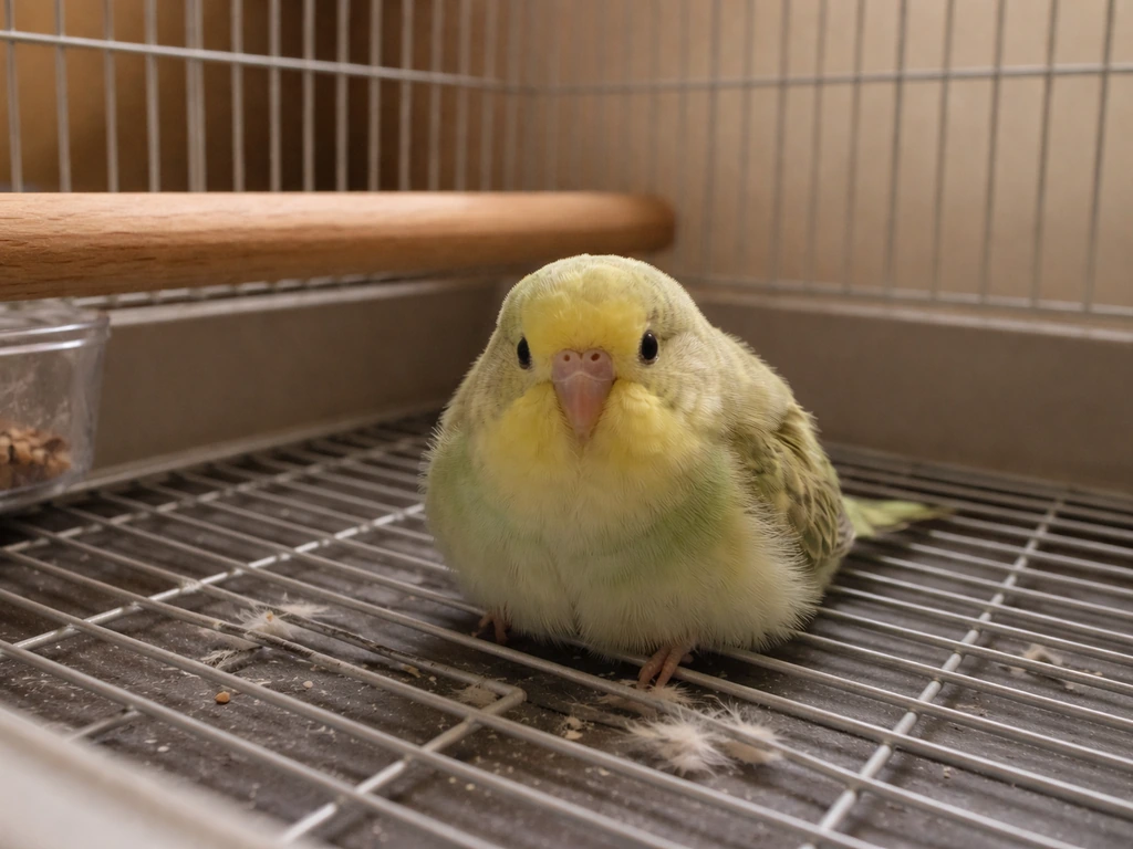 Close-up of a small pet bird on cage floor with droppings below and a few fluffed feathers