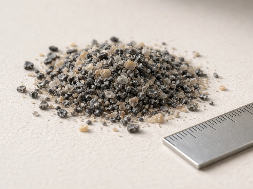 Close-up of tiny granite/flint grit chips arranged beside a small measuring reference