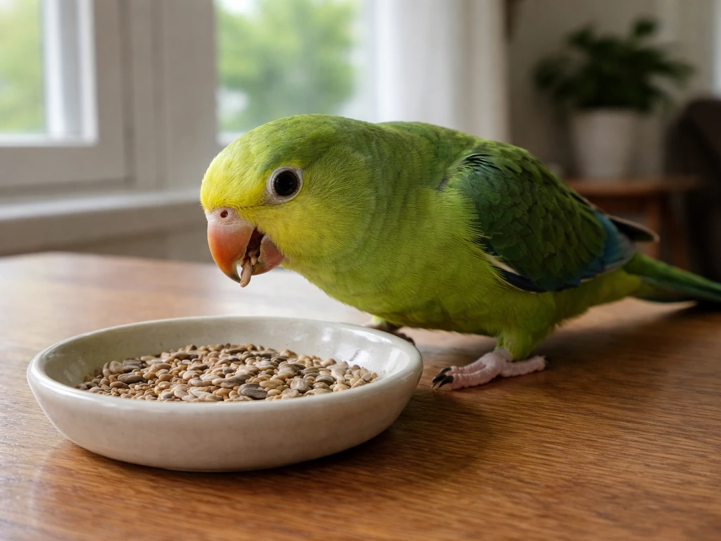 A parrot eating a hulled seed from a small dish on a wooden table by a window.