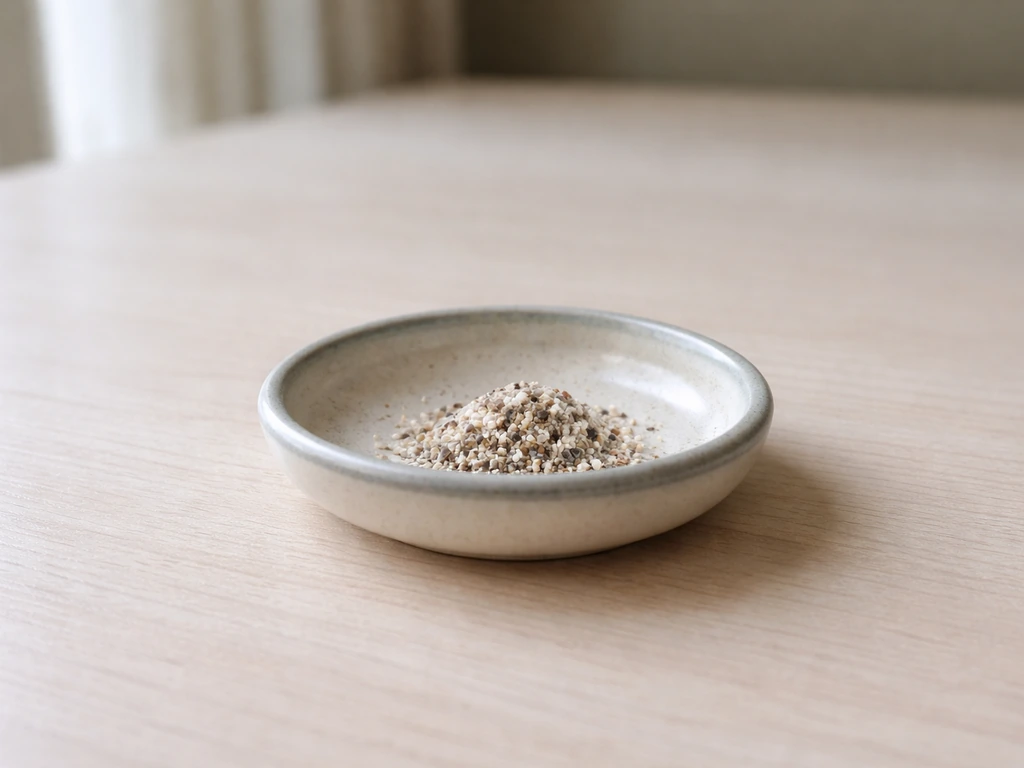 Small shallow dish with a tiny pinch of bird grit placed away from water and food bowls.