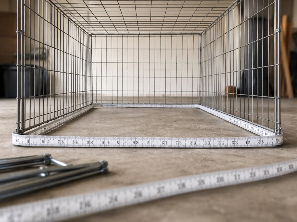 Metal wire cage on a concrete floor with measuring tapes showing outside vs inside usable space.