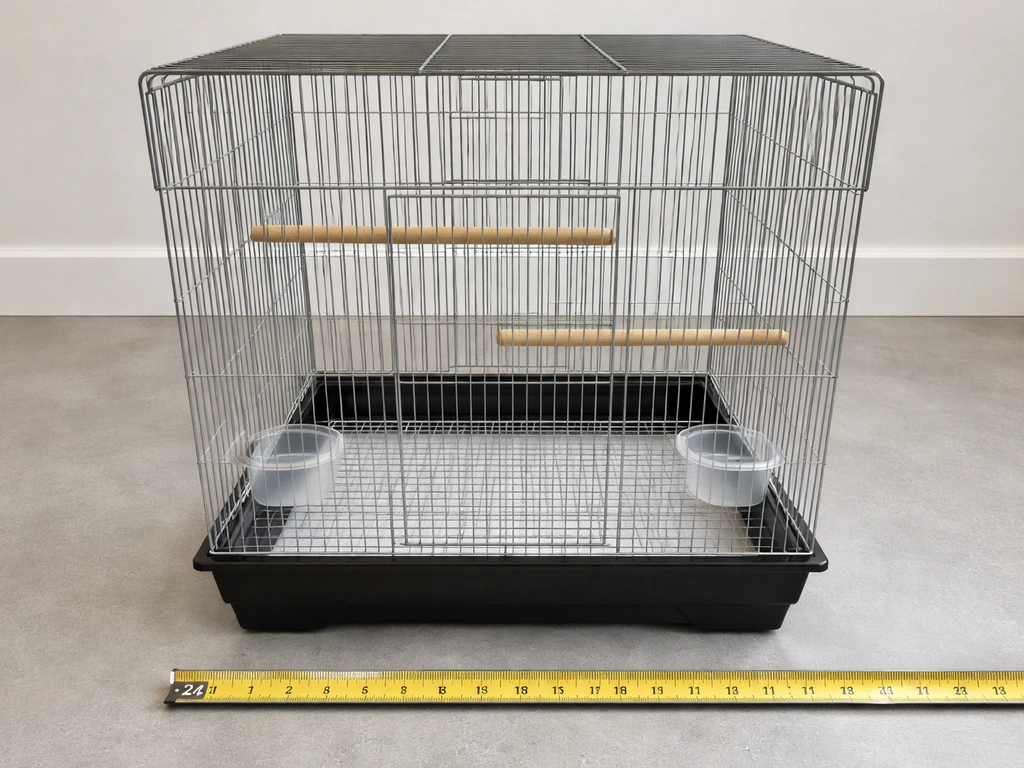 Empty pet bird cage with measuring tape to show a 24x18 floor size for budgies/parakeets.