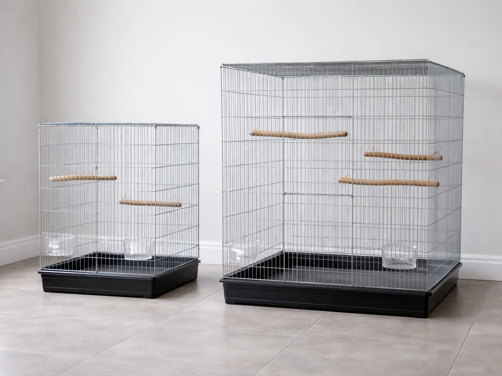 Two empty cockatiel cages side-by-side on a floor, showing minimum vs larger comfortable size with perches.