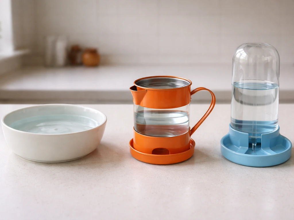 Three bird drinkers side by side: open bowl, orange can-style, and enclosed bottle-style.