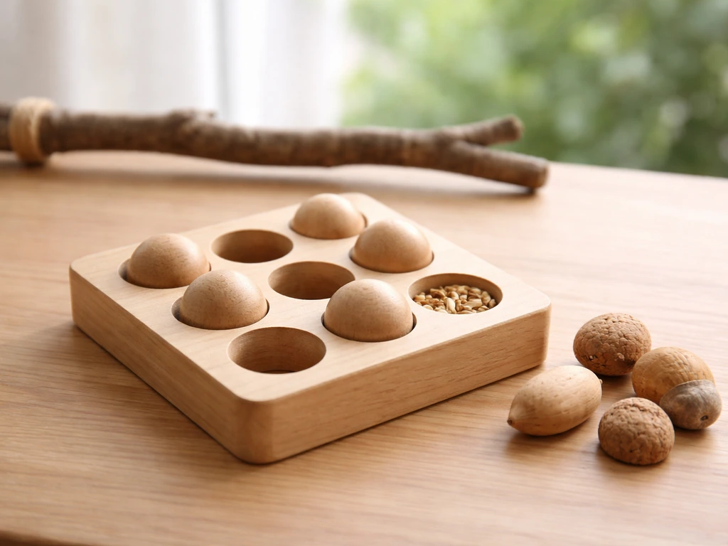 Minimal tabletop shot of a small foraging puzzle toy with rounded pieces for finches and songbirds.