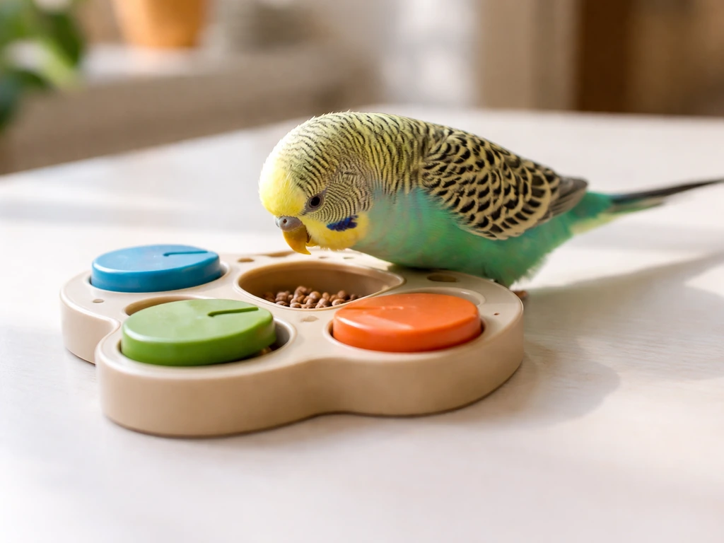 A budgie investigates a beginner foraging toy on a tabletop with pellets inside.