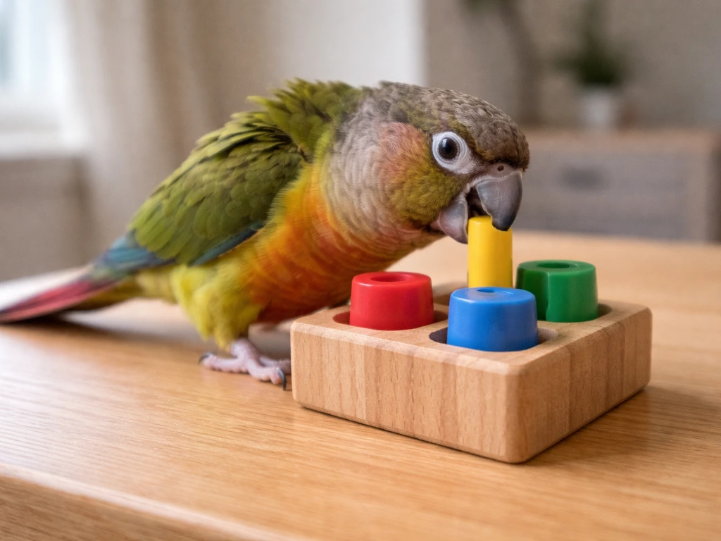 A conure chewing a sturdy wooden puzzle toy on a table indoors.