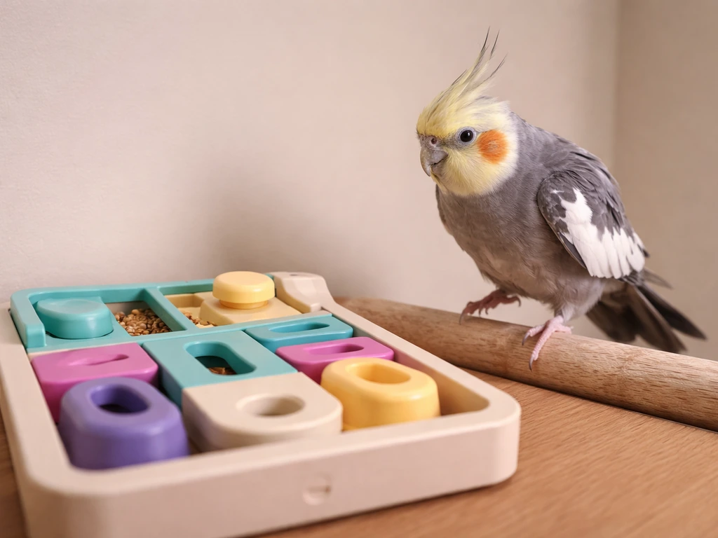 A curious pet bird stepping back from a complicated puzzle toy, with the treat out of reach and agitation shown.