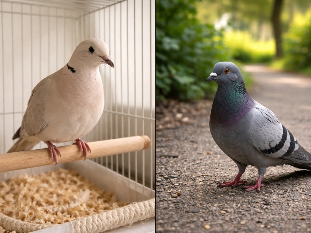 Split view: a pet dove indoors beside a wild dove outdoors on a path with greenery.