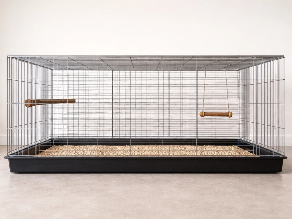 Side view of a minimal flight cage layout with a horizontal flight path and a simple perch setup