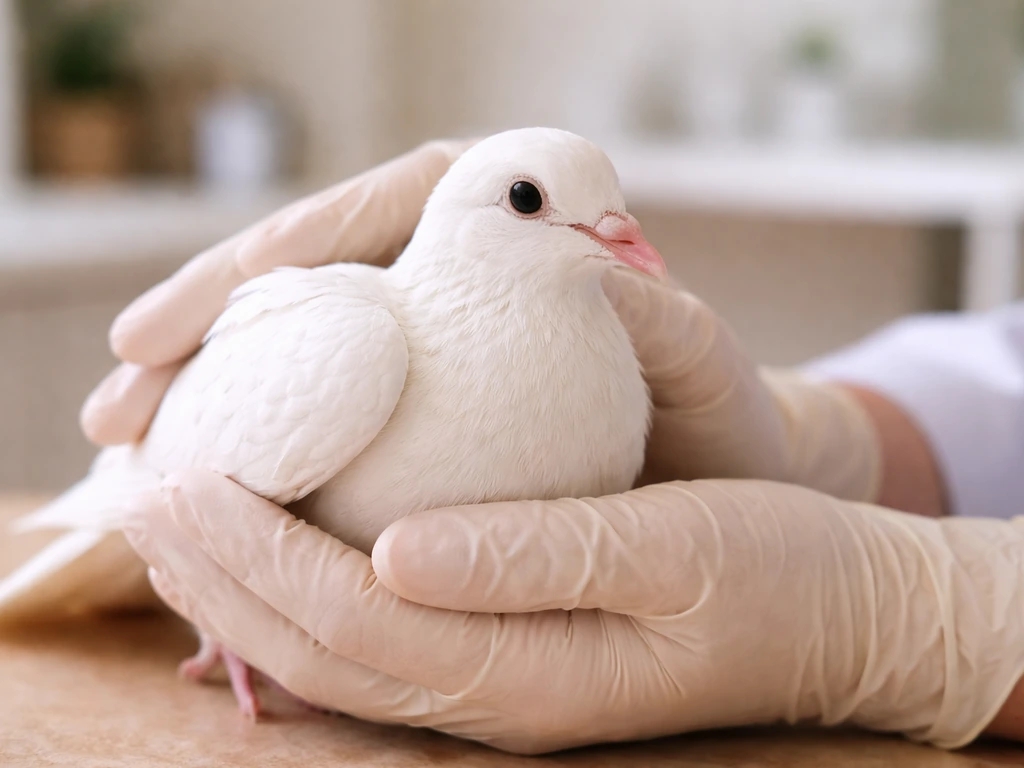 A close-up of a calm dove being gently examined for health in a quiet vet setting.
