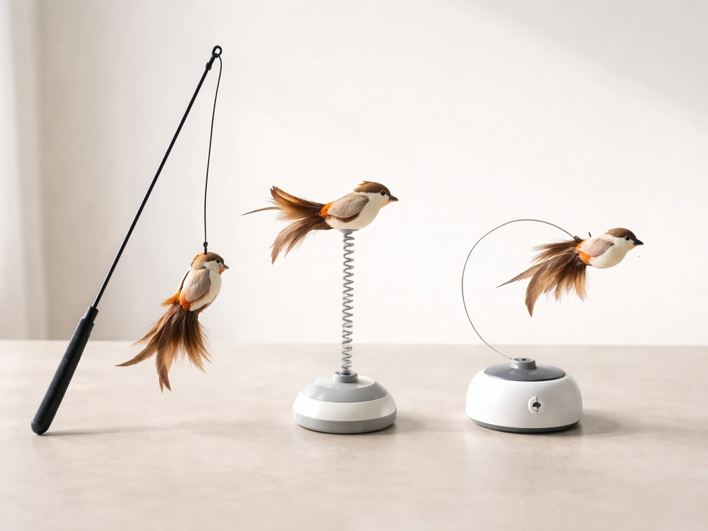 Three different flying-bird cat toys side-by-side: manual wand, spring/spin teaser, and motorized flutter.