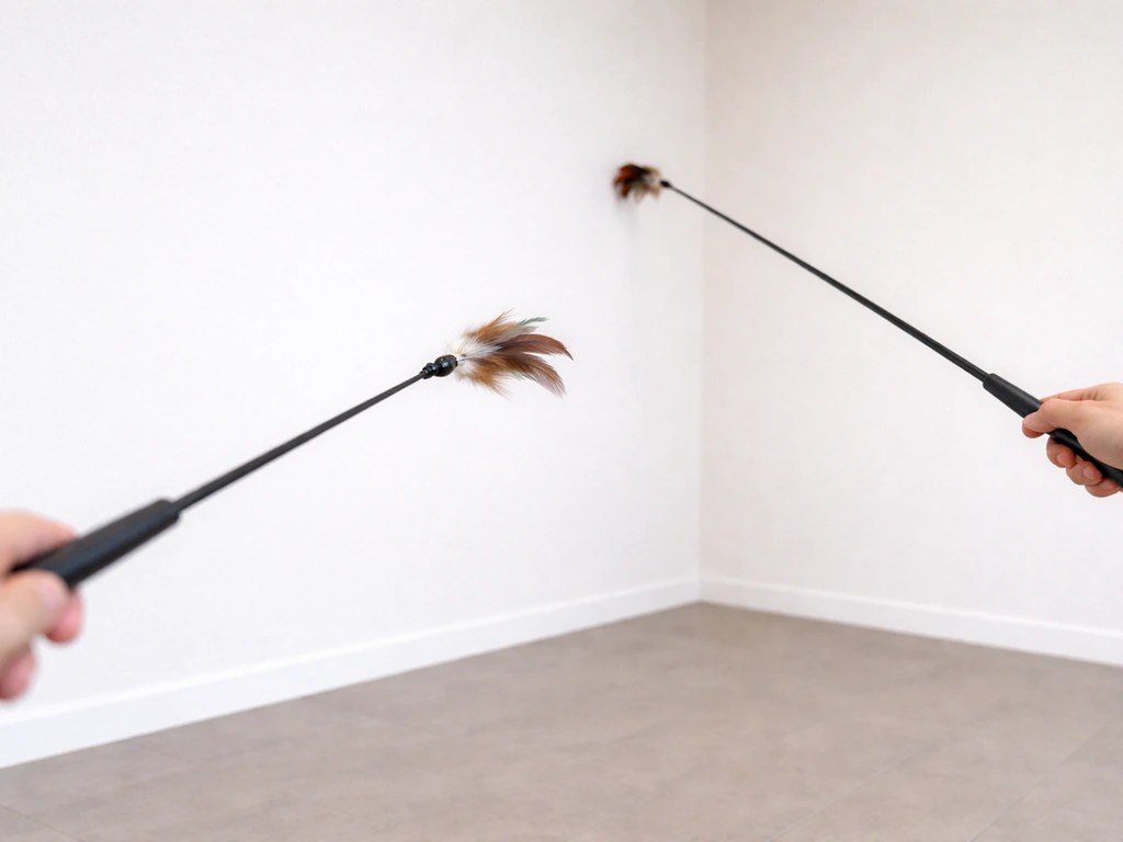 Close-up of wand toy swings showing two reach lengths across a quiet empty room.