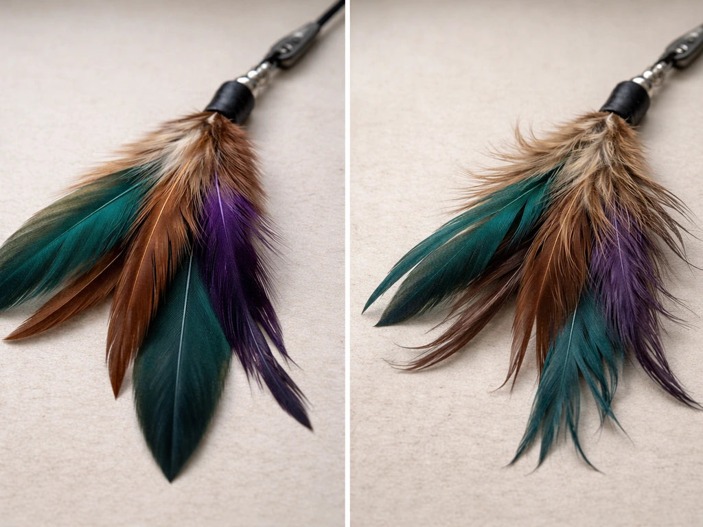 Cat toy feather lure with one area slightly frayed from repeated play beside a newer intact feather section