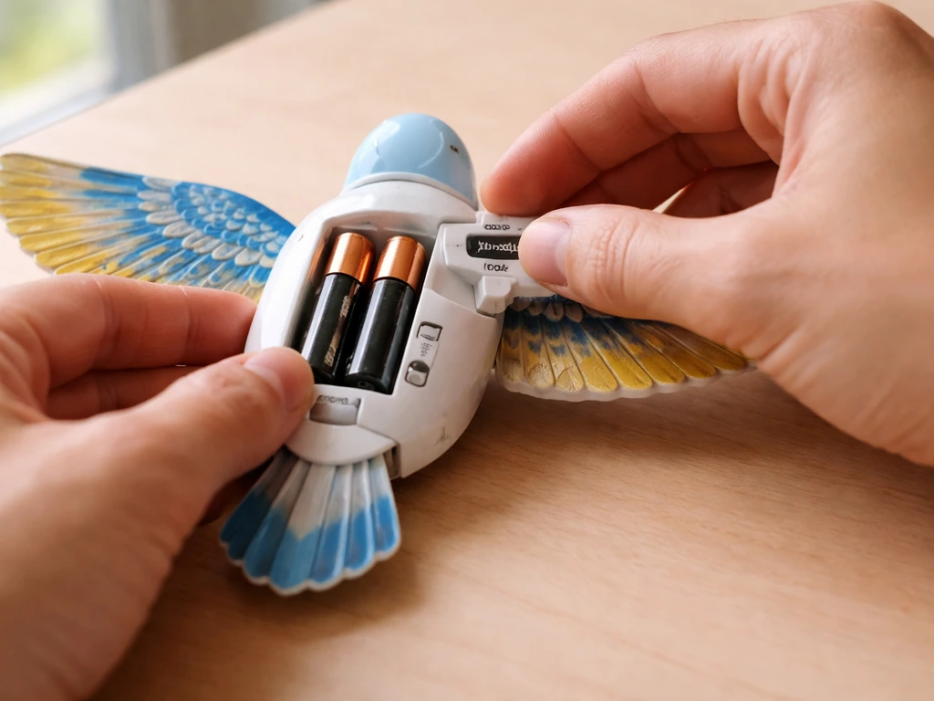 Hands inserting batteries into a small flying-bird toy and setting a play mode on the device.