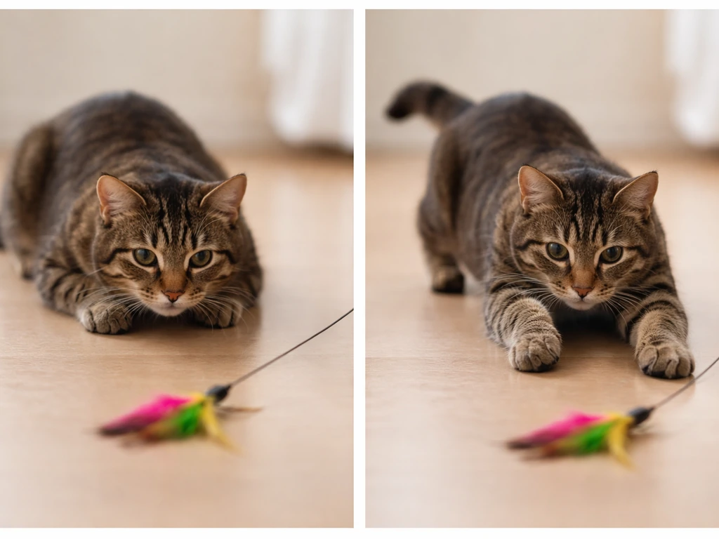 Two small step-by-step frames showing a wand lure near the floor for a stalking cat and a quick pounce setup.