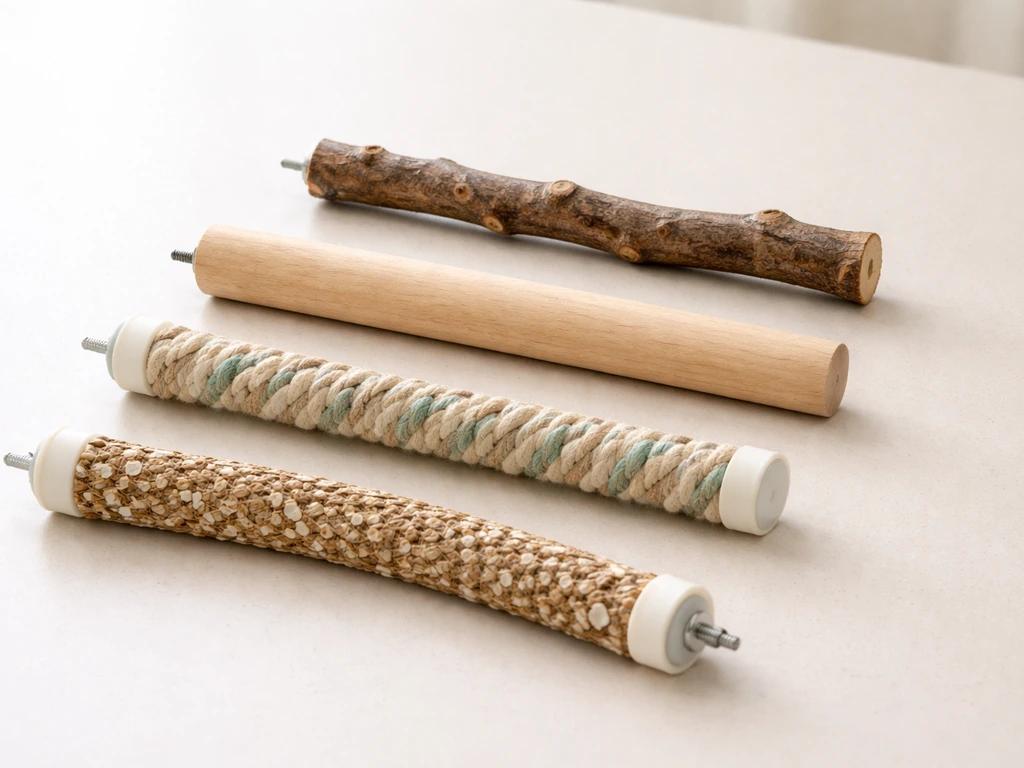 Four common bird perch materials side-by-side: natural wood branch, smooth dowel, rope perch, and a specialty perch.