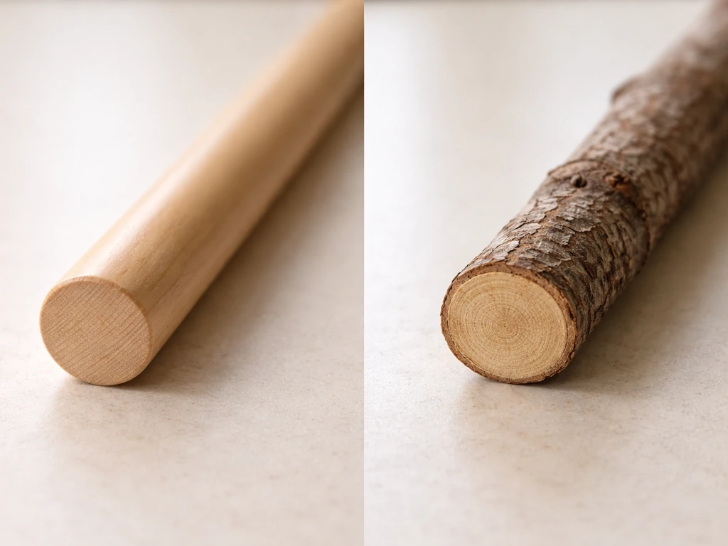 Close-up of a smooth uniform wooden dowel perch beside a natural branch perch for comparison.
