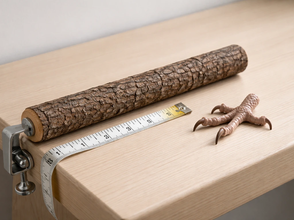 Close-up of a measuring tape beside a wooden bird perch and a small foot-like mannequin for perch diameter.