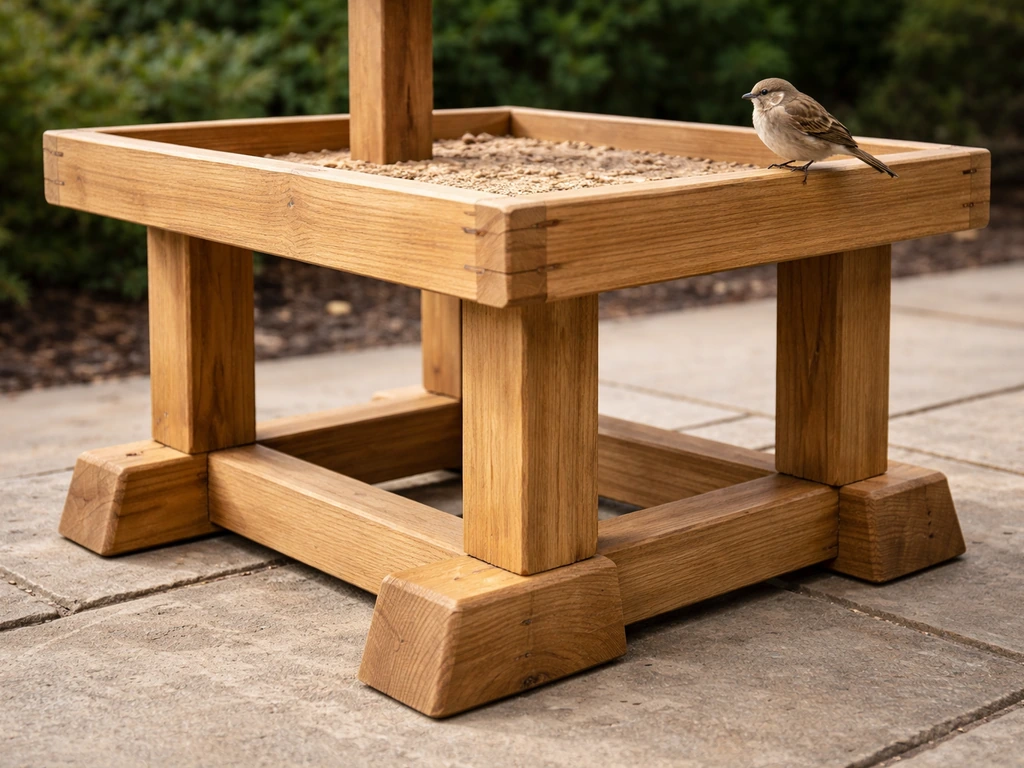 Close-up of a sturdy wooden bird table with wide stable base and a small bird perched on the edge.