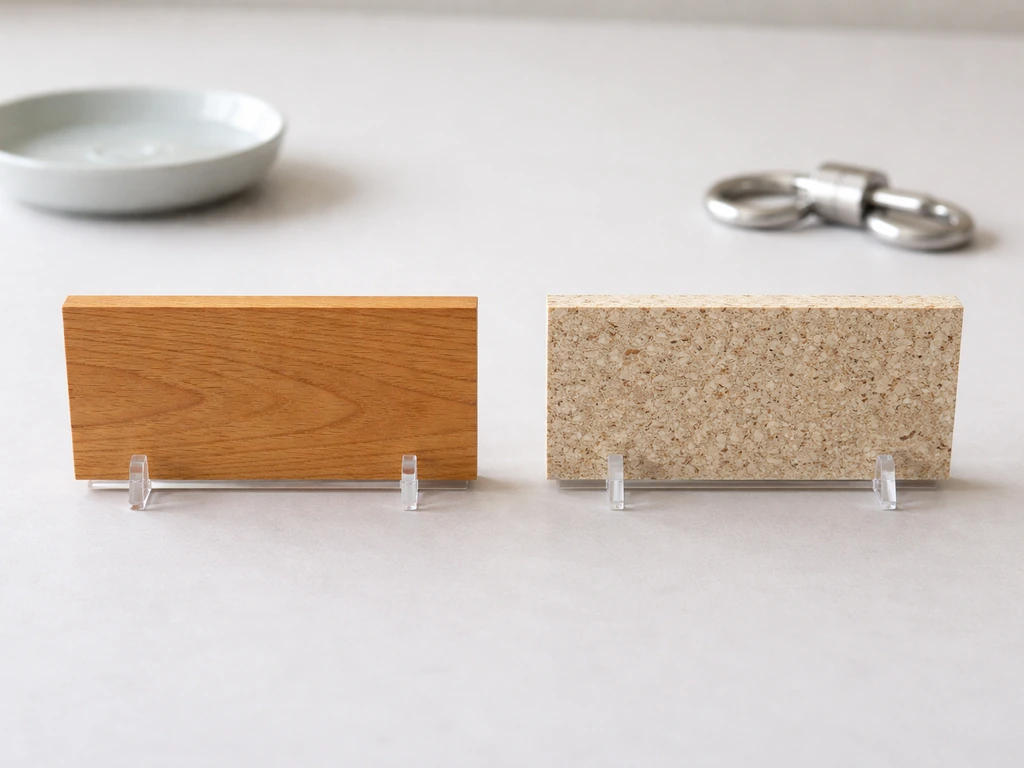 Two side-by-side samples of solid hardwood and composite on a tabletop, with water and a chew toy nearby.