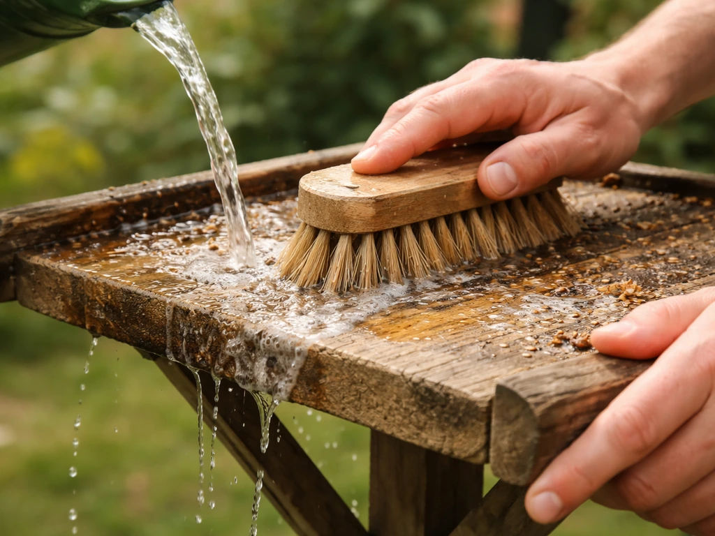 Hands scrubbing a wooden bird table with warm water and a stiff brush, with cleaner wood visible.