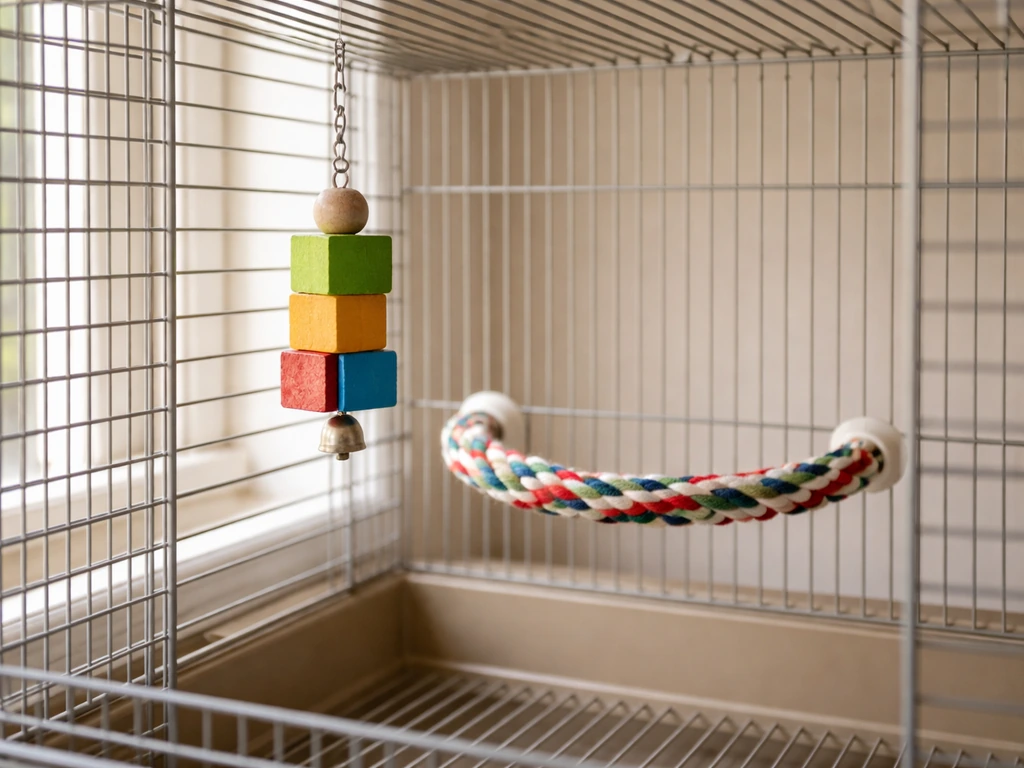 Simple birdcage with only two to three toys visible, uncluttered to suggest toy rotation.