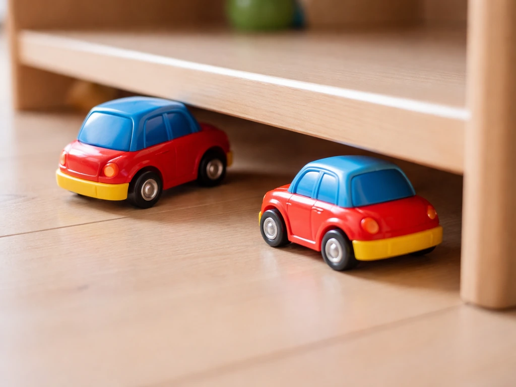 Close-up showing an awkward, unsafe toy placement beside a correctly fitted toy on open floor