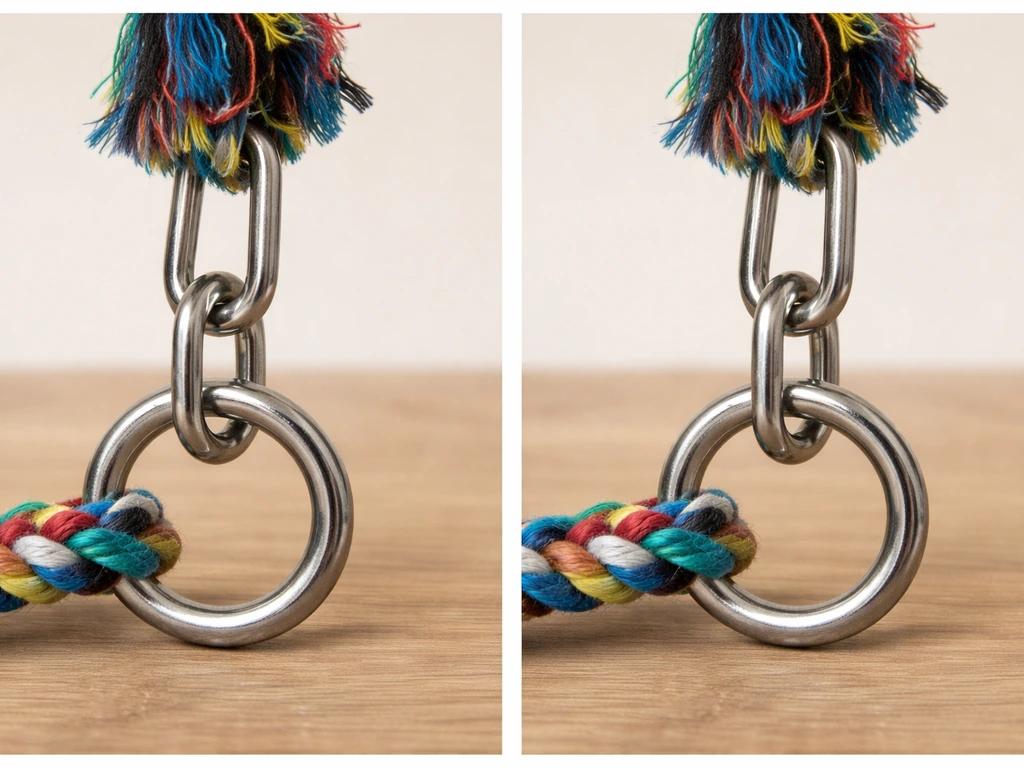 Close-up comparison of a toy chain ring with a risky gap versus a secure, properly matched connection.