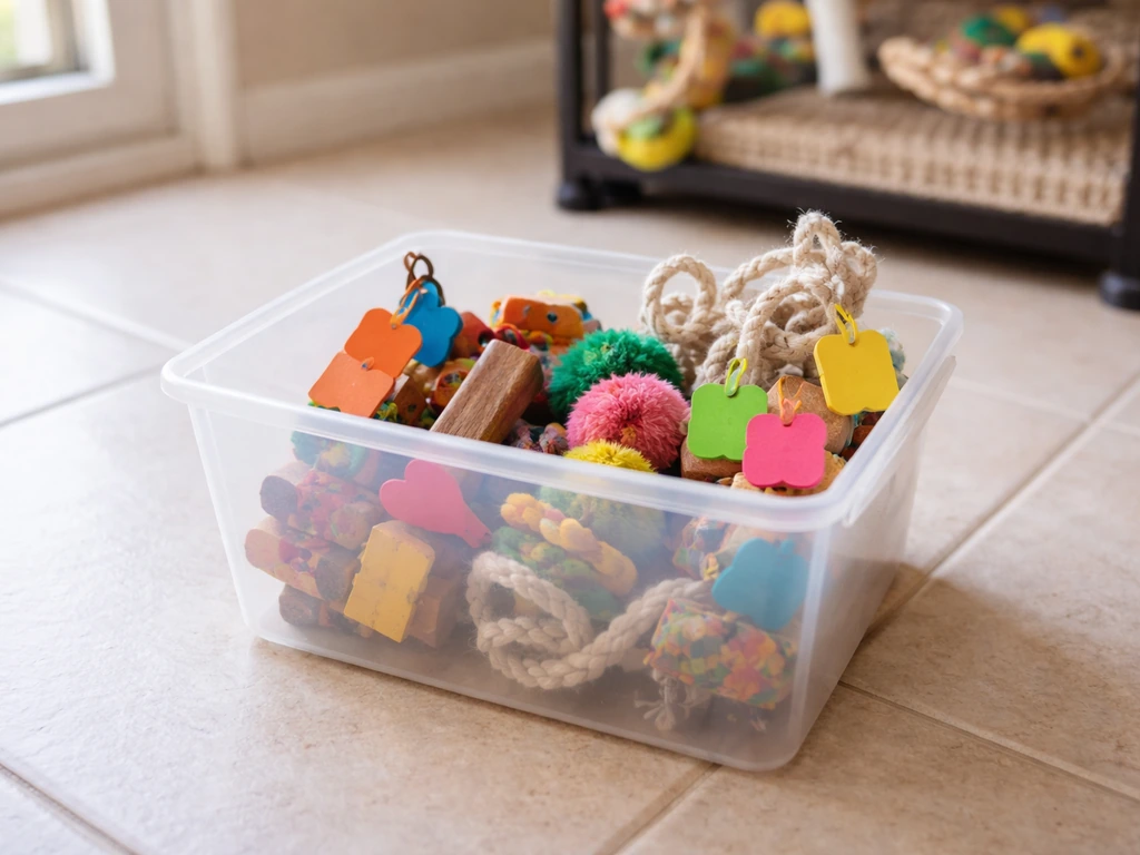 Small open bin of parrot toys grouped with colored tags for easy weekly/daily rotation