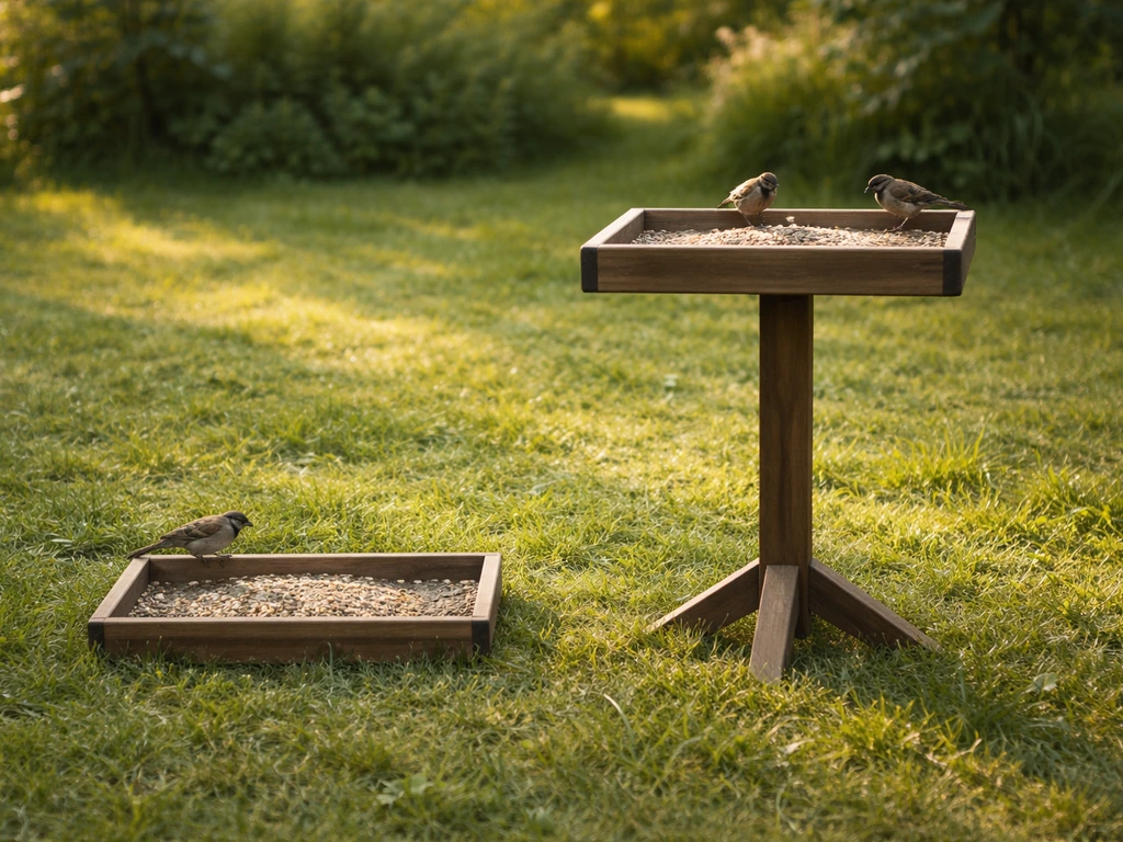 Side-by-side ground-level tray and raised bird table with birds approaching in a simple yard setting.