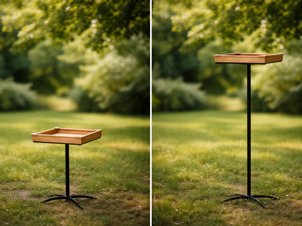 Close-up of an empty bird table placed low and high to show different bird size preferences.