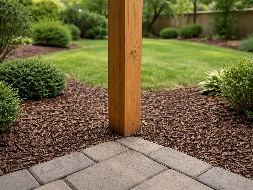 Backyard garden with a wooden post and trimmed plants showing clear visibility around the base.