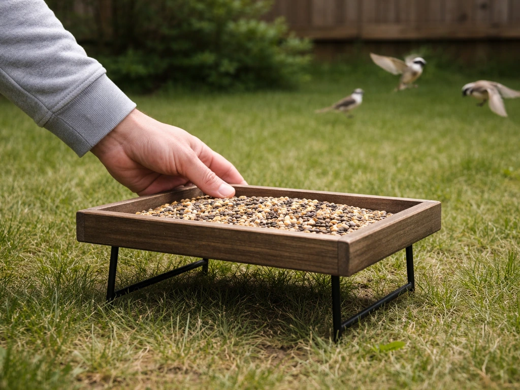 Person adjusting a backyard bird feeding table height while small birds hover nearby on a fence