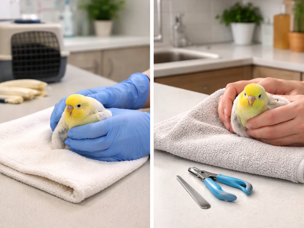 Split view of a small bird nail trim setup: vet exam-room on one side and DIY tools on the other.