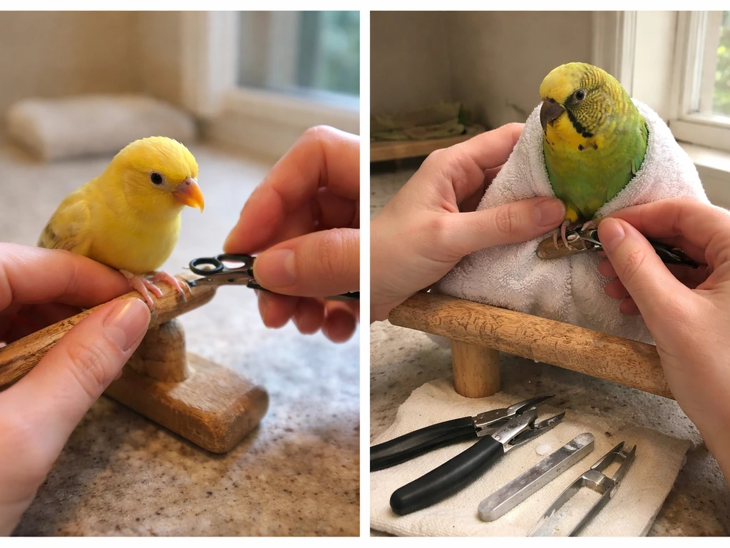 Small canary nail trim beside a larger parrot nail trimming setup, showing different tools and handling.