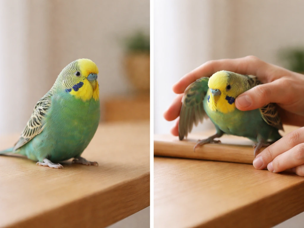 Two small pet birds on a wooden surface, one calm and one tense with gentle hand support.