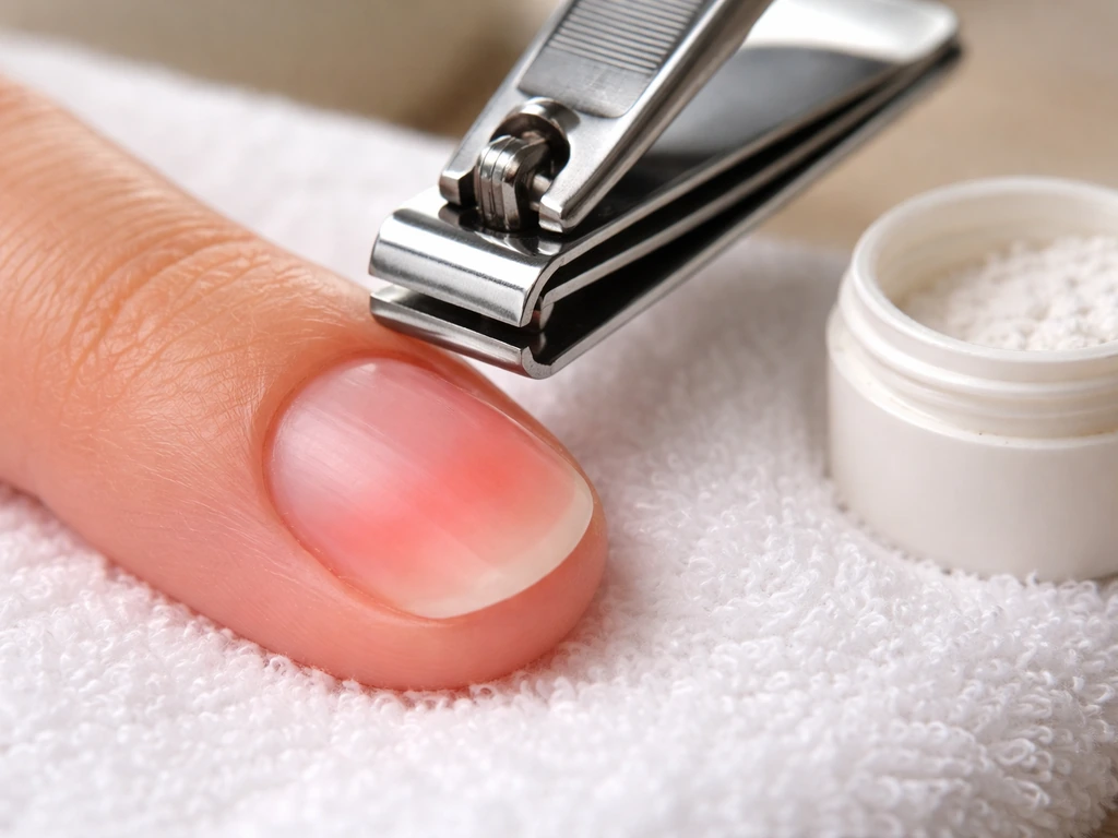 Macro close-up of a light fingernail with quick highlighted and clippers positioned, plus styptic powder nearby.