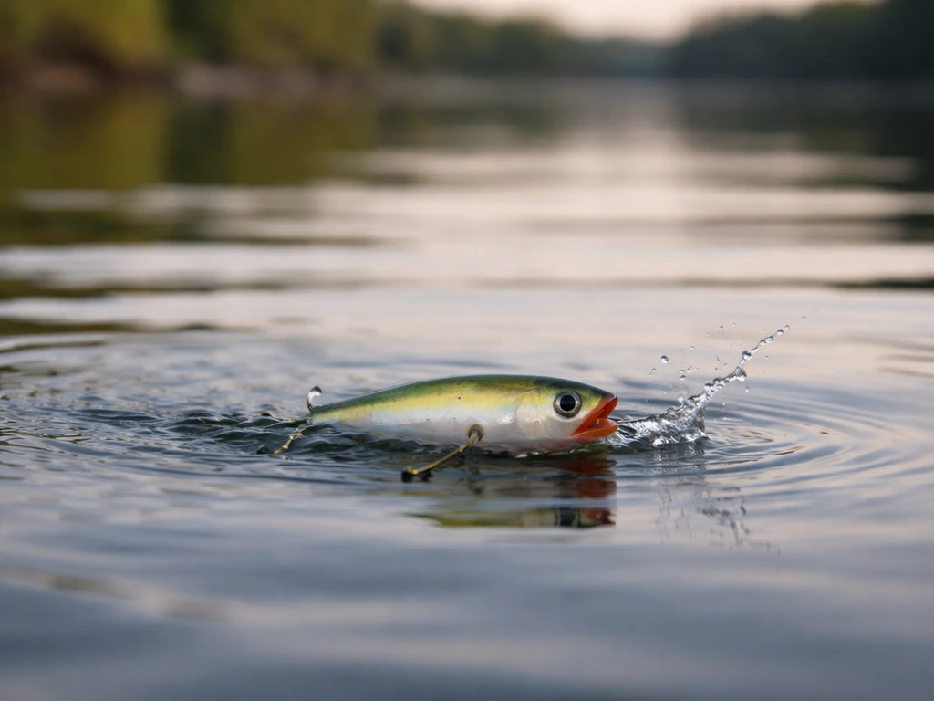 Topwater fishing lure at the waterline with a small splash and wake on calm lake water