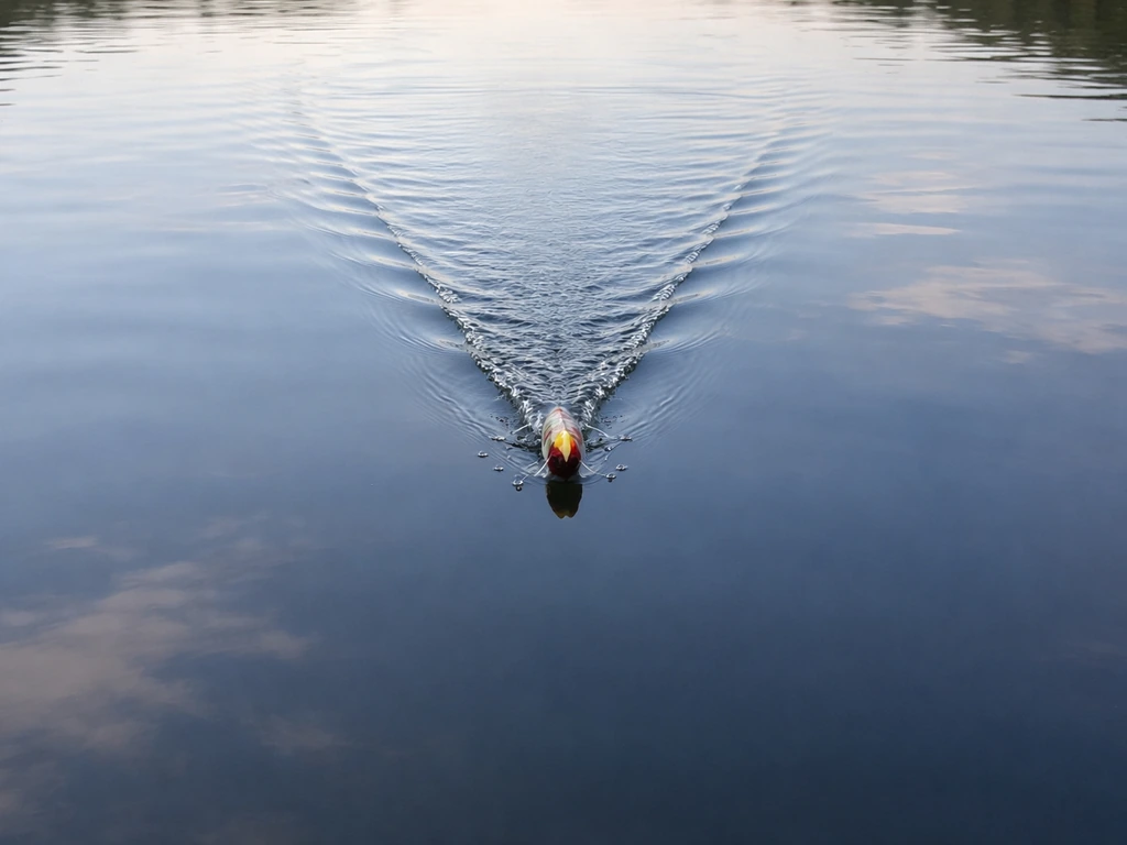 Top-down view of a topwater lure gliding on still lake water, creating clear ripples.
