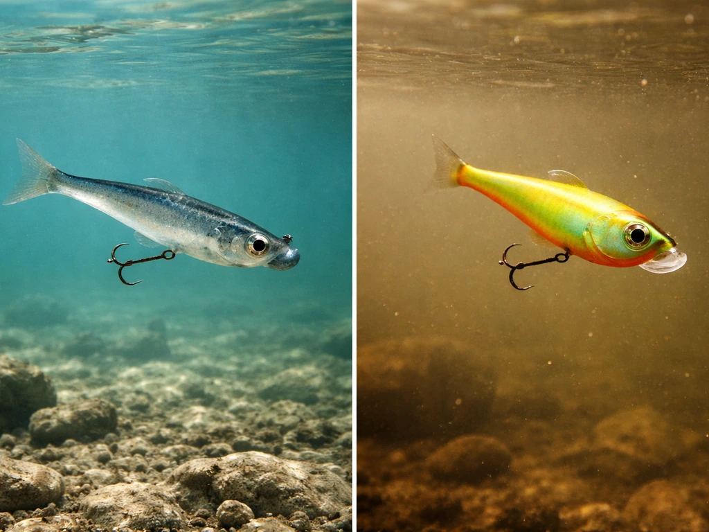 Close-up comparison: translucent lure in clear water vs bright lure in stained, murky water.