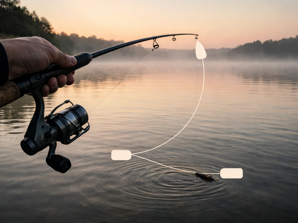 Silhouette of a fisherman’s hand and rod over calm water, with simple callout shapes indicating slower pauses.