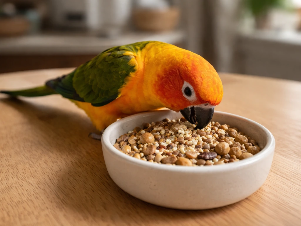 Small parrot eating regular food with a few calming supplement granules mixed in
